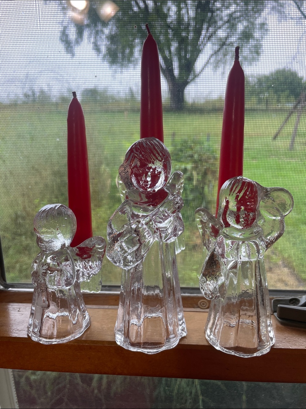 Clear Glass Angel Candle Holders with Red Taper Candles - Set of 3